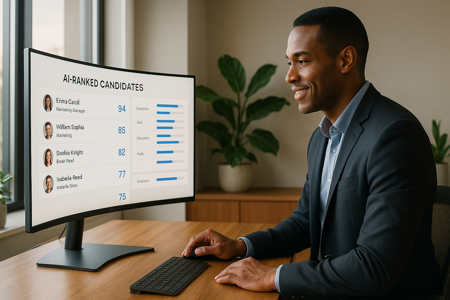 Strategic HR manager examining AI-ranked candidate profiles and hiring metrics on large curved display in professional office environment with natural daylight