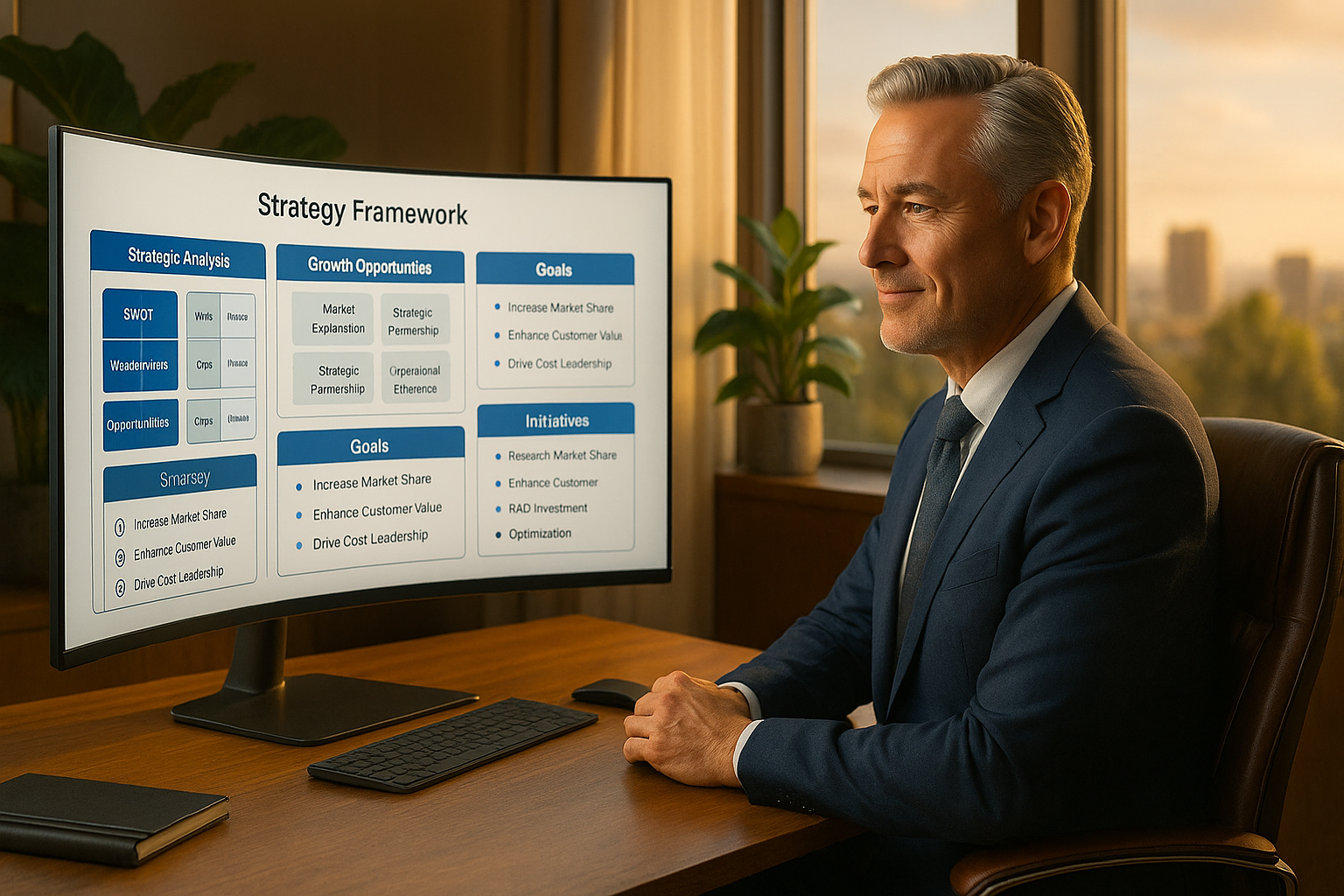 Business strategist analyzing comprehensive market research reports and competitive intelligence on large curved display in premium consulting office with natural lighting