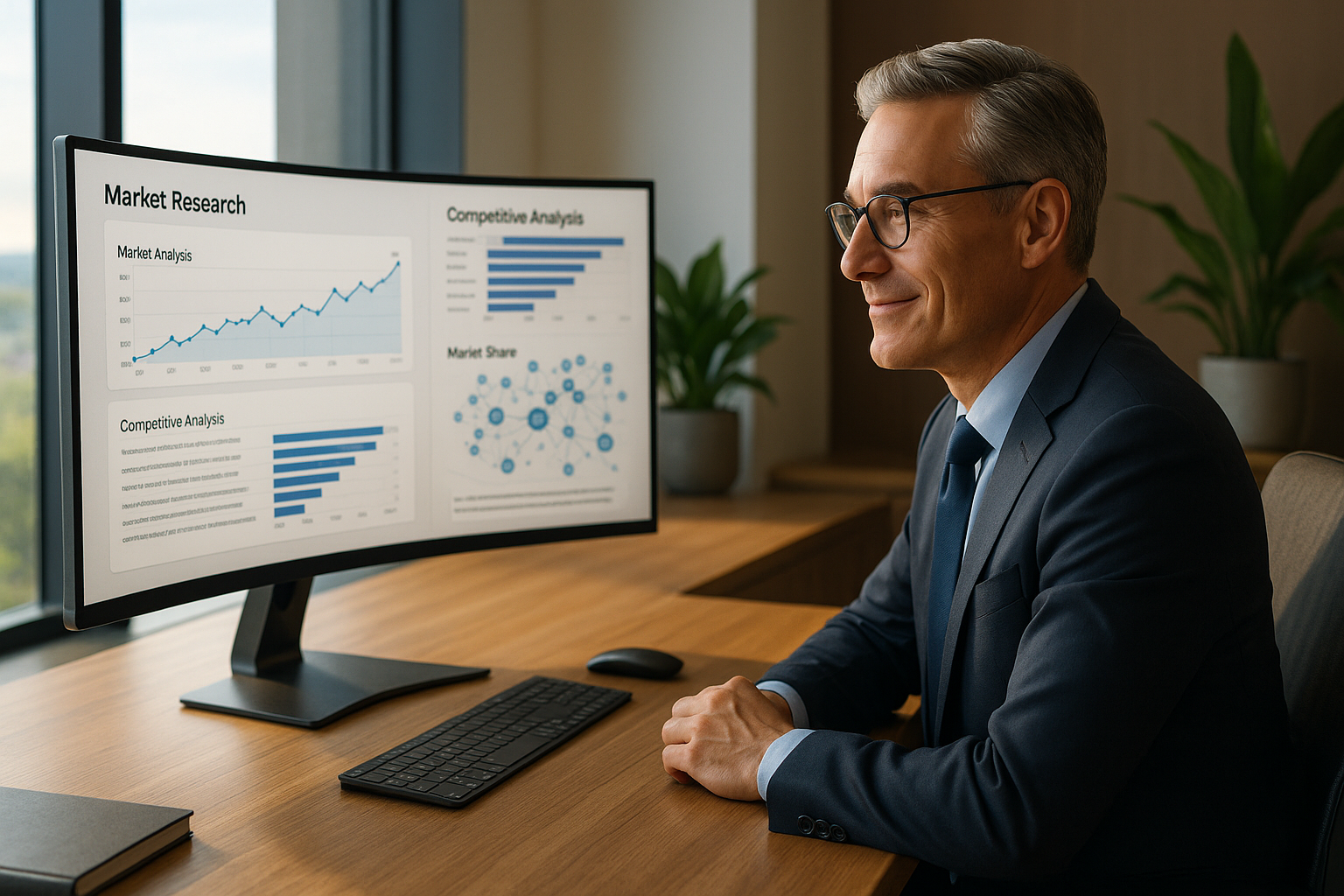 Strategic analyst reviewing competitor SWOT analysis and market positioning data on curved monitor in modern business intelligence workspace with professional lighting