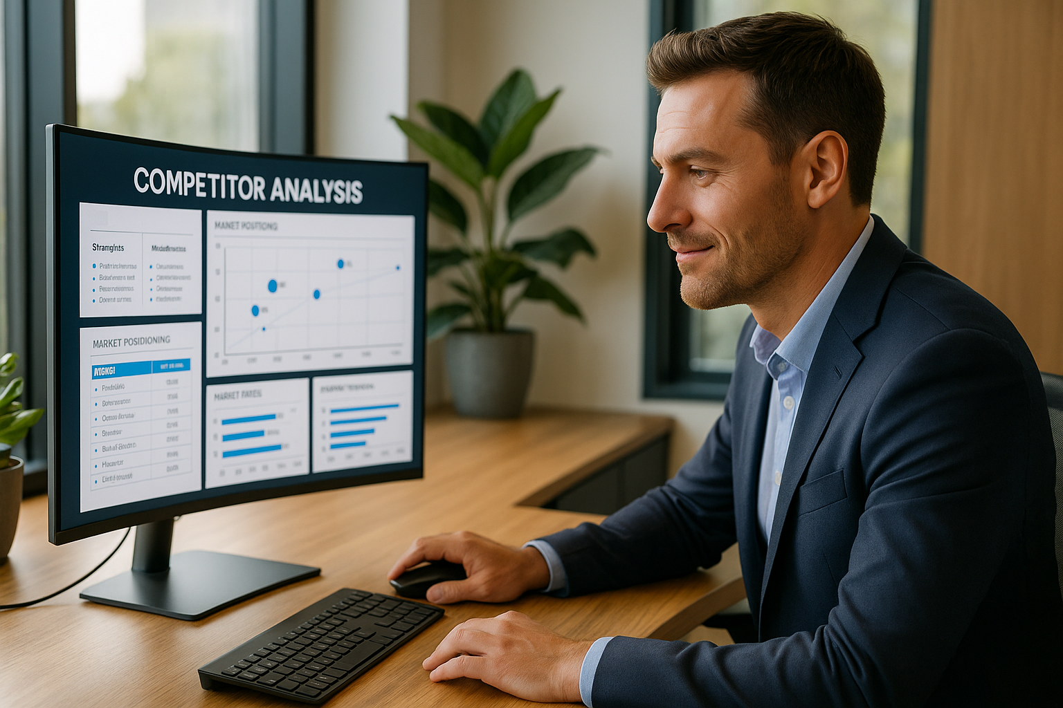 Executive business leader examining strategic analysis framework and growth opportunities on large curved display in sophisticated corner office with golden natural lighting