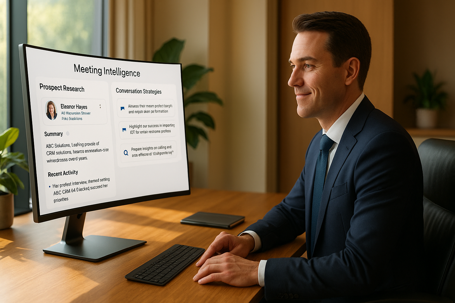 Confident sales professional reviewing comprehensive prospect research and behavioral insights on modern laptop in focused preparation workspace with natural morning lighting