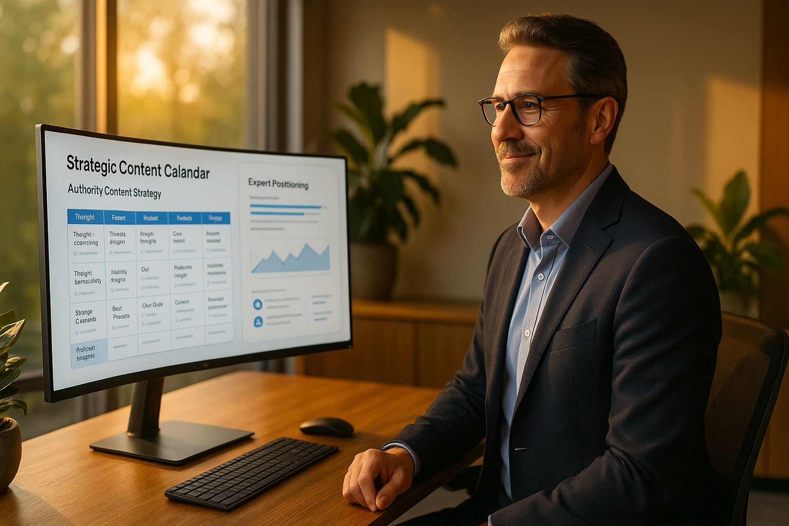 Thought leadership expert reviewing strategic content calendar and authority positioning analytics on large curved display in sophisticated workspace with natural lighting
