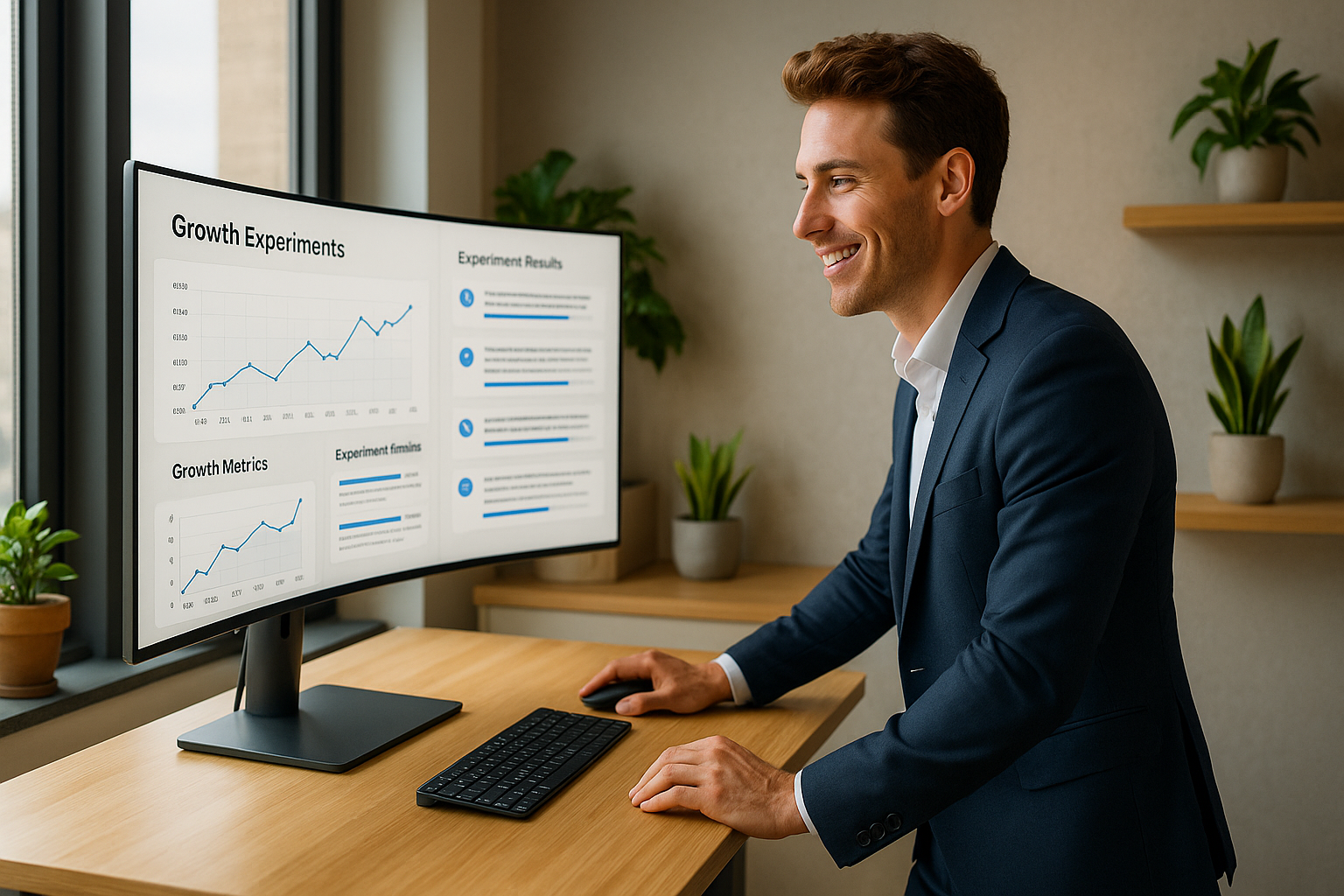 Energized growth strategist analyzing systematic growth experiments and metrics framework on curved monitor in modern startup workspace with motivating natural light