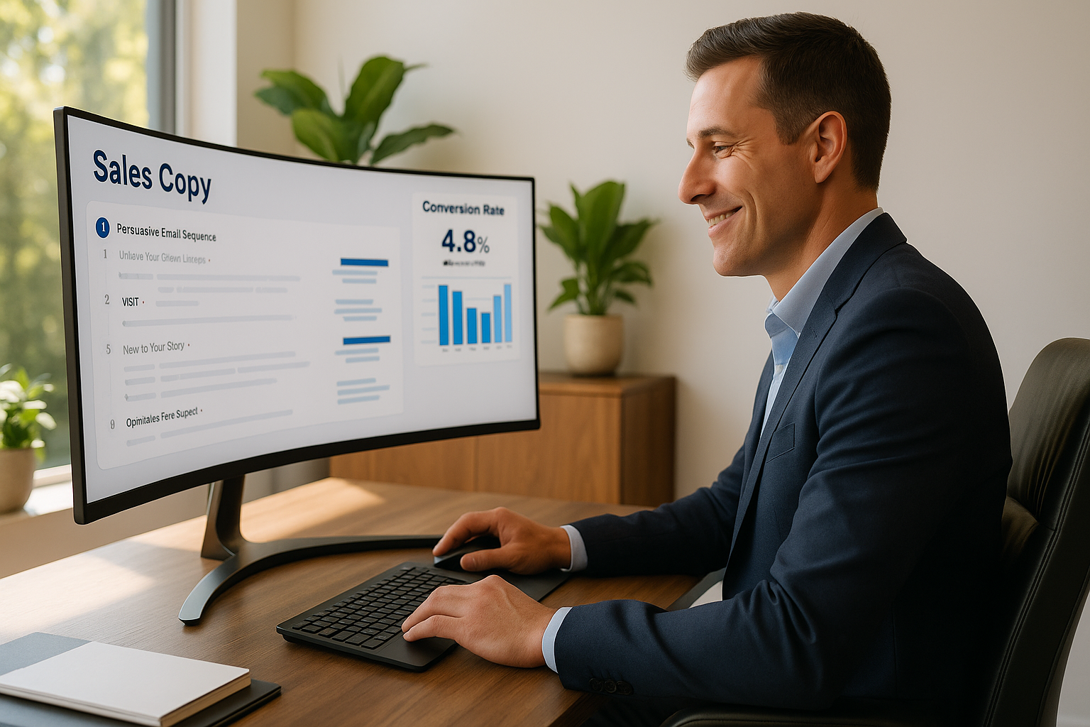 Confident marketer reviewing high-converting sales copy and conversion analytics on large curved display in modern marketing workspace with abundant natural lighting