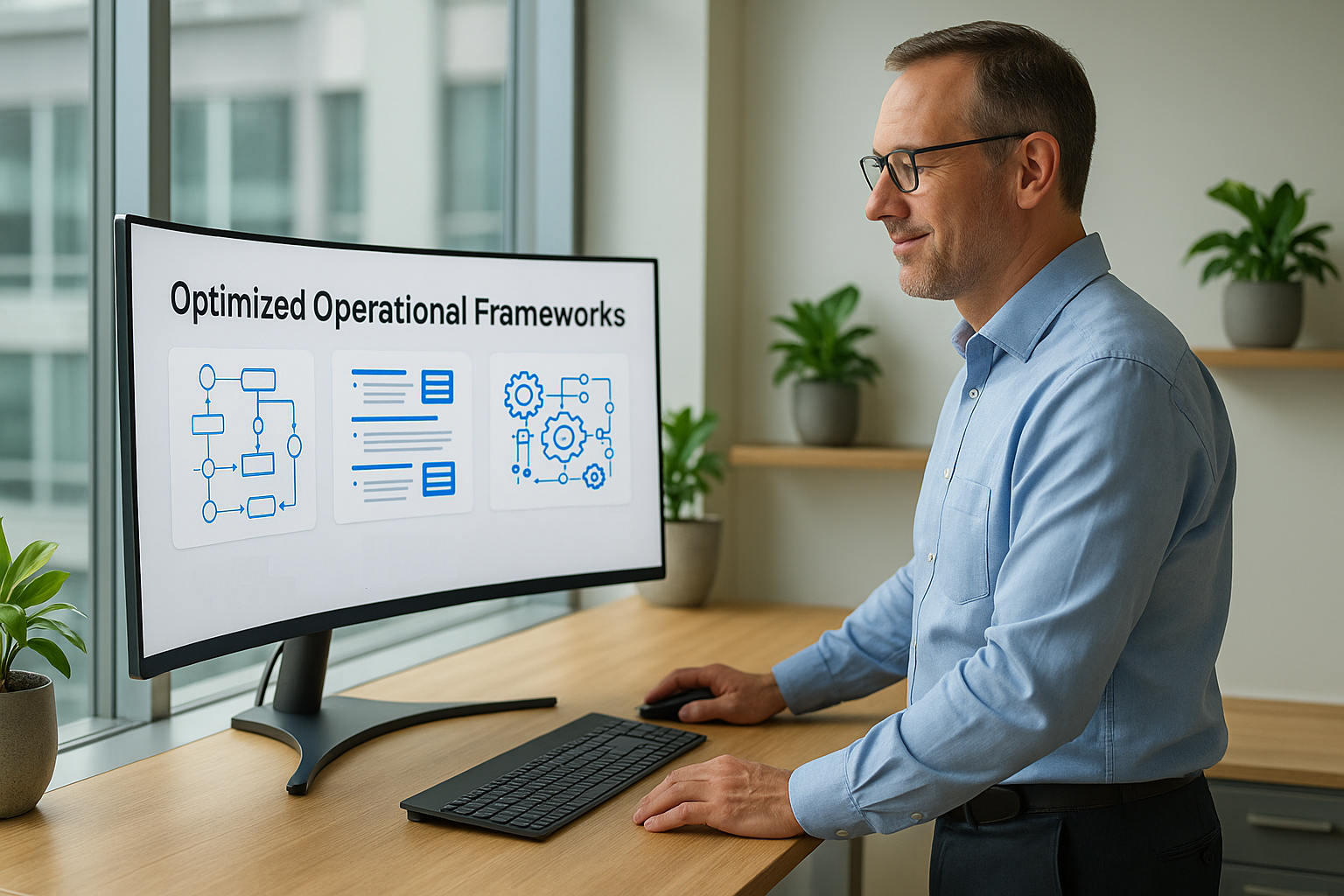 Operations leader examining optimized process frameworks and efficiency systems on curved monitor in organized modern operations center with energizing natural light