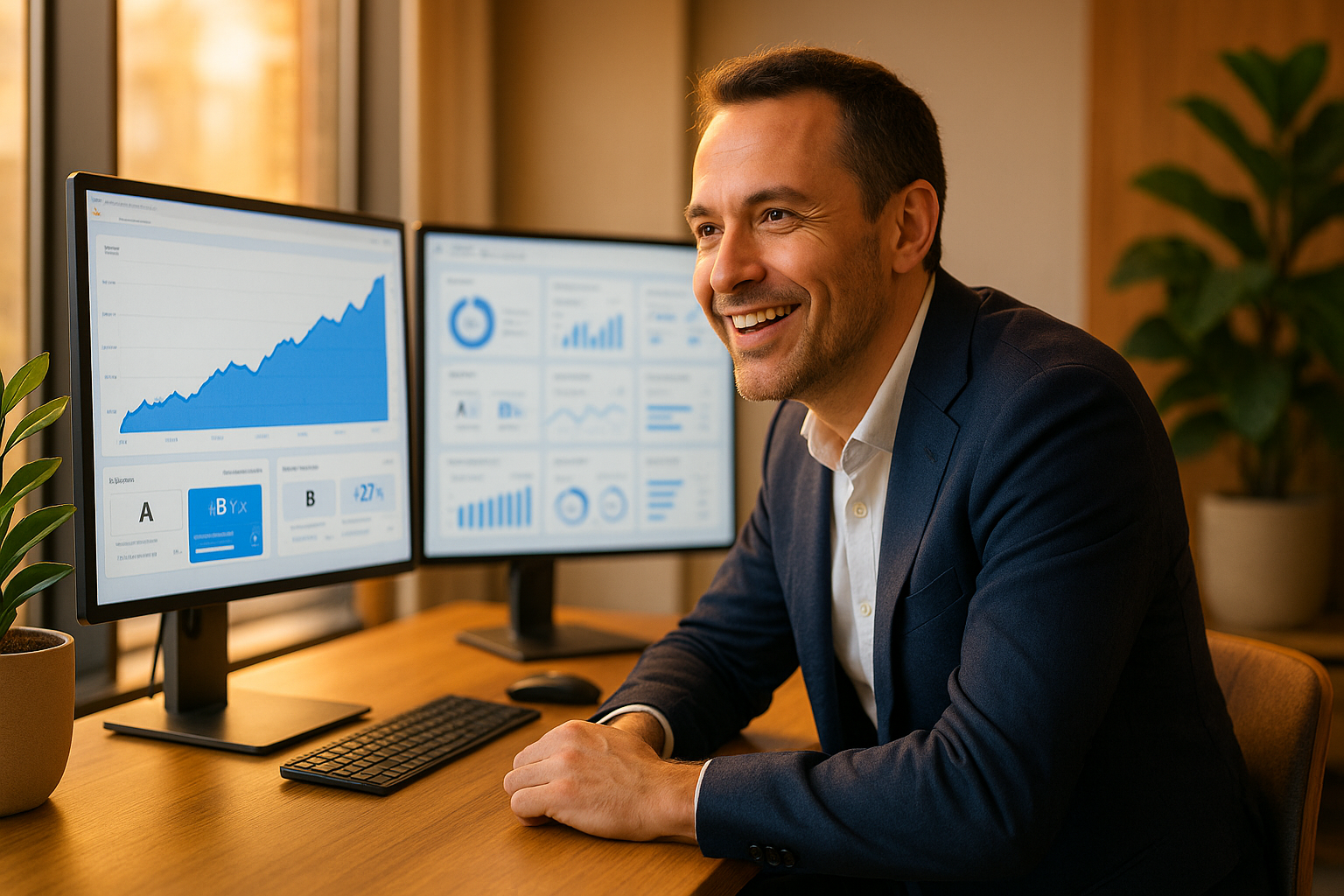 Professional brand strategist reviewing consistent brand guidelines and content pieces at modern standing desk in creative workspace with natural lighting and organized brand materials