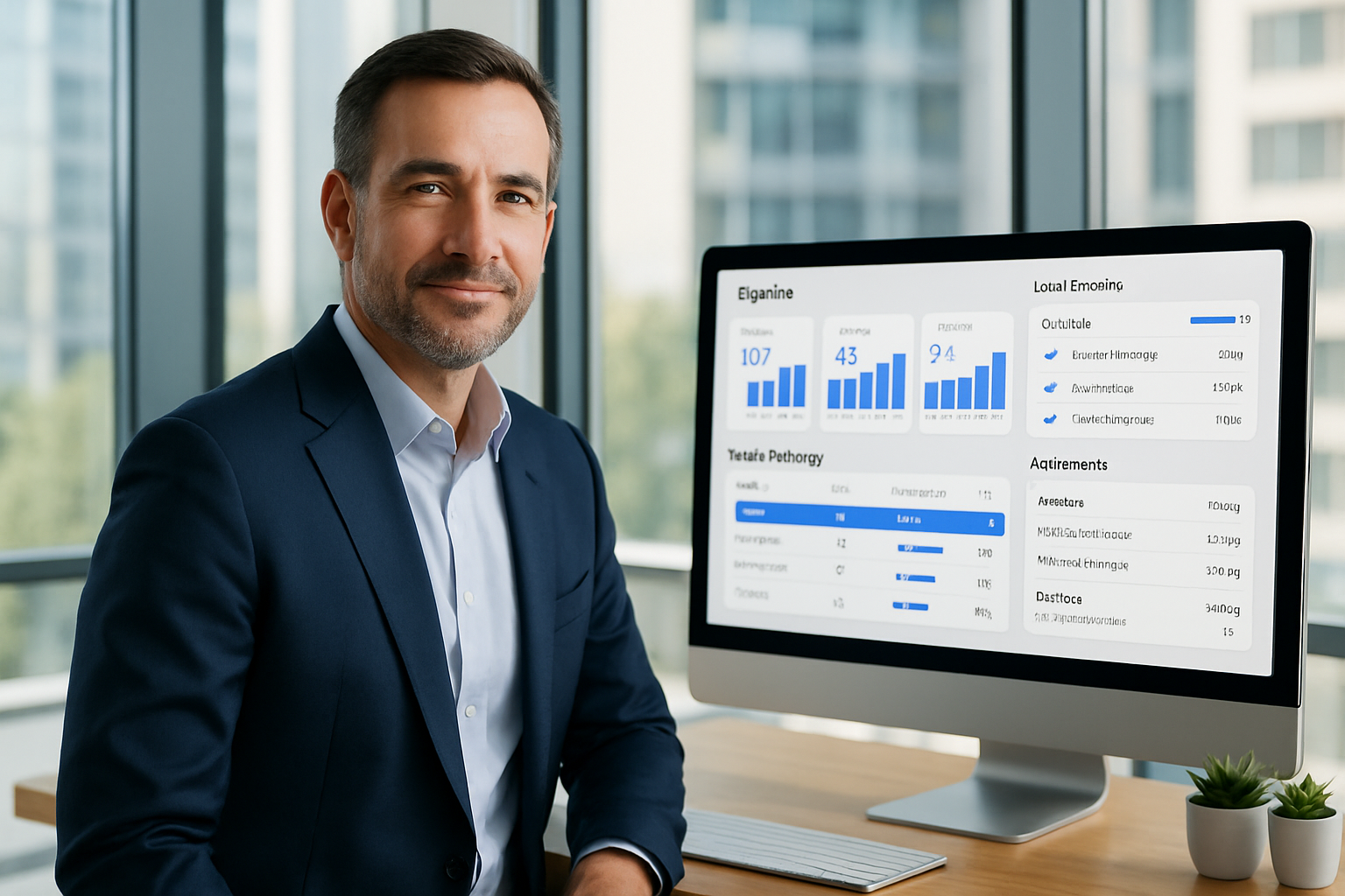 Strategic sales leader viewing organized CRM dashboard with pipeline stages and automated lead sequences on large monitor in modern sales office with professional lighting