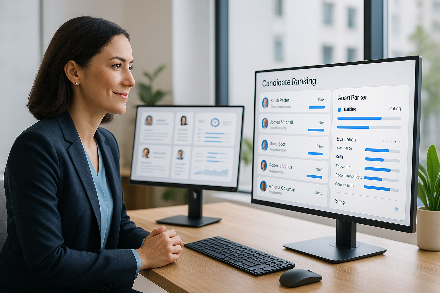 Strategic HR manager reviewing AI-ranked candidate profiles and evaluation metrics on organized displays in professional hiring office with natural daylight and executive furniture