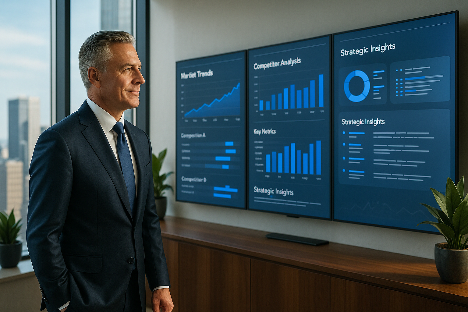 Executive CEO analyzing comprehensive market intelligence and competitor analysis on sophisticated wall displays in premium command center with commanding natural lighting and strategic insights