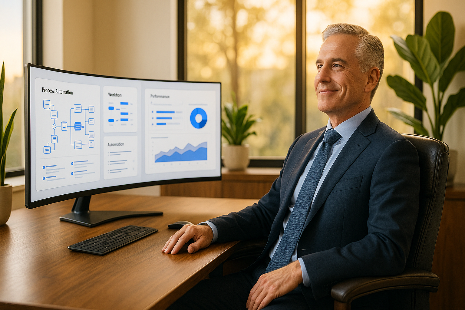 Sales manager overseeing automated CRM pipeline and lead qualification dashboard on large curved monitor in modern sales operations center with bright professional lighting