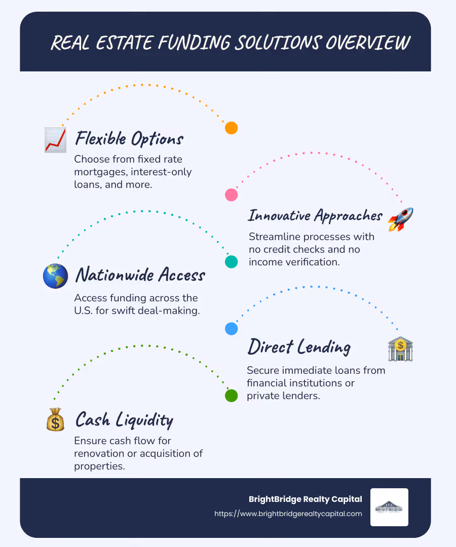 Infographic illustrating various real estate funding solutions including conventional loans, jumbo mortgages, and refinance options, highlighting their unique benefits and typical borrower profiles. - Real estate funding solutions infographic infographic-line-5-steps-blues-accent_colors