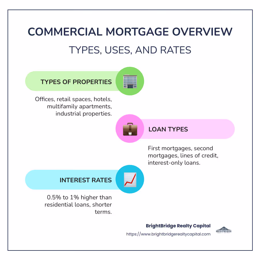 Infographic detailing types of commercial properties, loan types, and rates for commercial mortgage nationwide - commercial mortgage nationwide infographic infographic-line-3-steps-colors