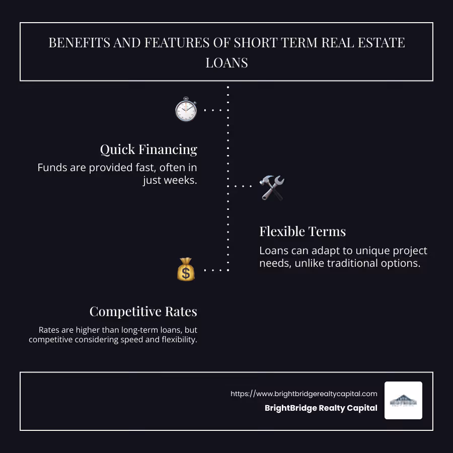 Infographic: Benefits and Features of Short Term Real Estate Loans, showing quick financing, flexible terms, and competitive rates as major highlights - short term real estate loans infographic infographic-line-3-steps-dark