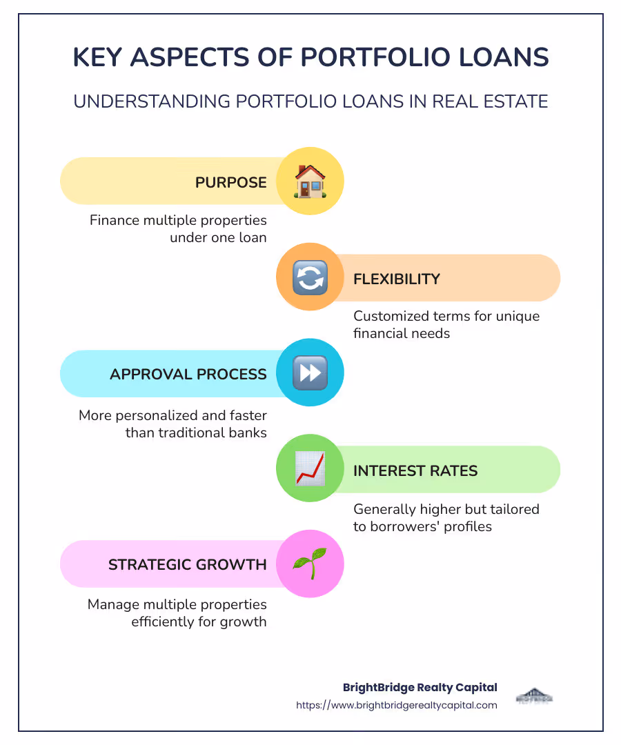 An infographic showing key points about portfolio loans, including purpose, flexibility, approval, and interest rates - portfolio loan real estate infographic infographic-line-5-steps-colors