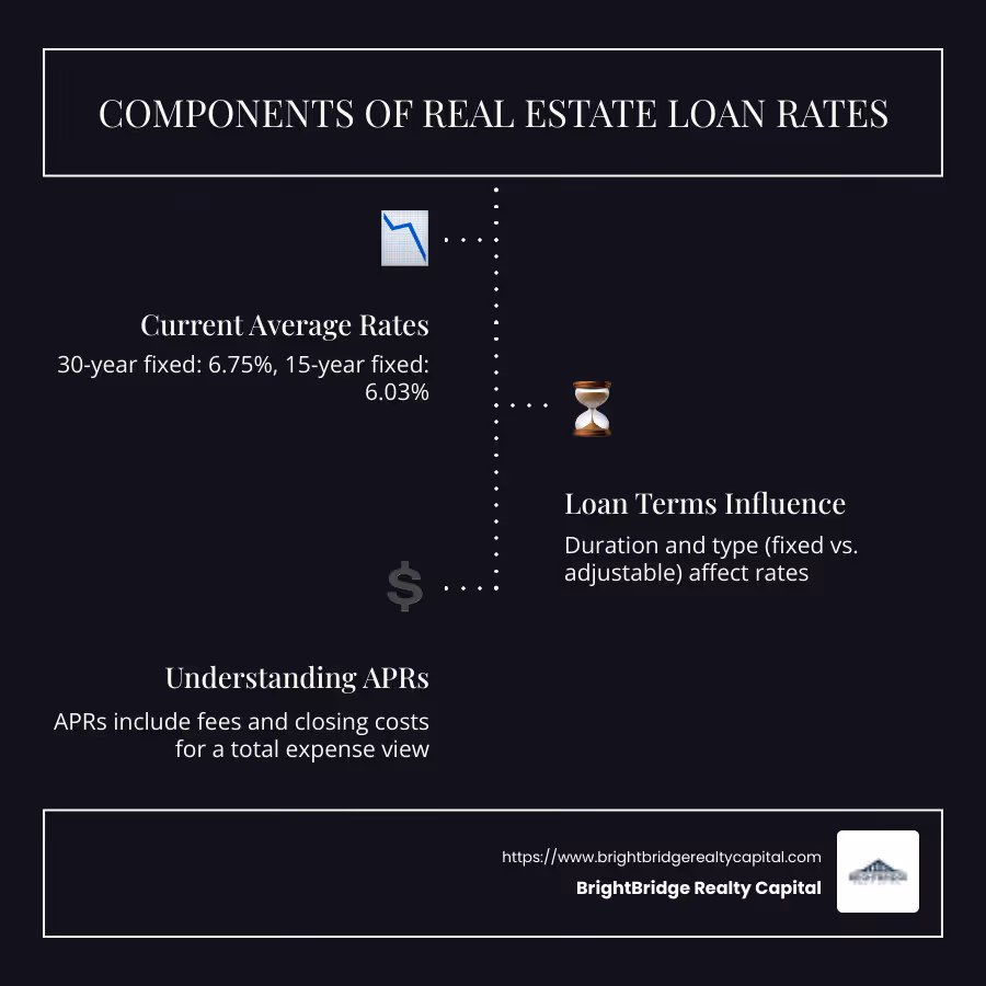 Infographic illustrating the components of real estate loan rates, including current average rates for 30-year and 15-year fixed mortgages, key loan terms like loan duration and type with brief explanations, and a comparison of interest rate vs APR with a clear distinction of what each includes - real estate loan rates infographic infographic-line-3-steps-dark