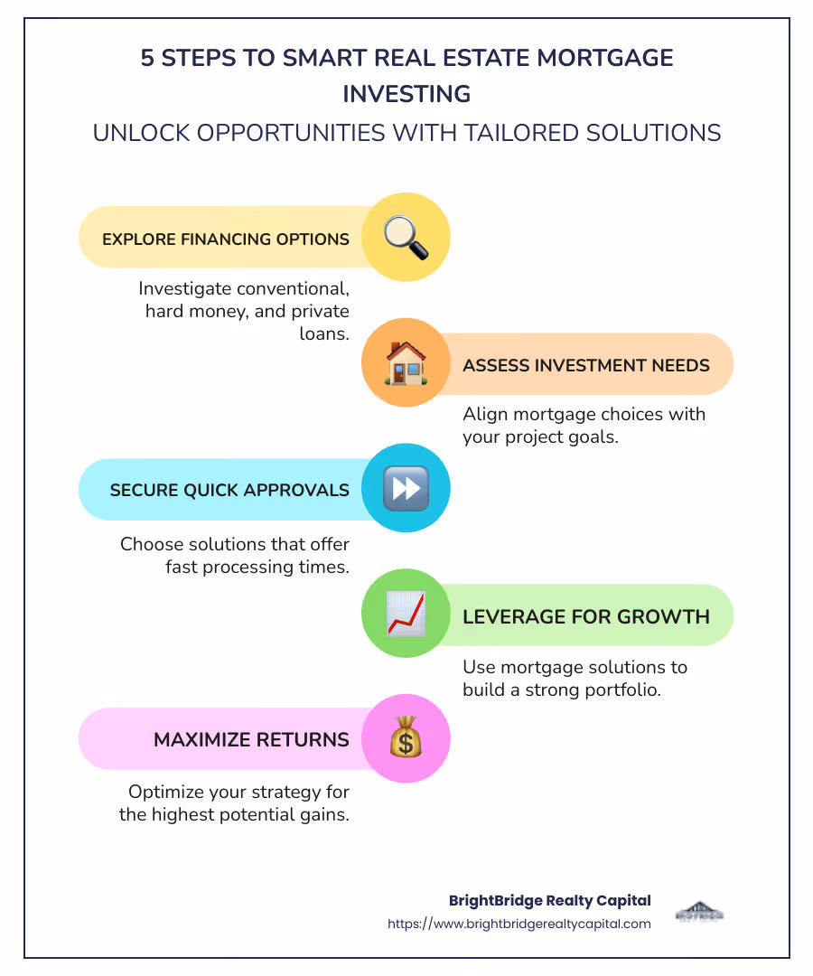 Infographic of mortgage solutions featuring quick access, diverse financing options, custom investment - real estate mortgage solutions infographic infographic-line-5-steps-colors