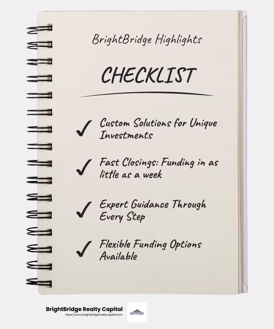 Custom Solutions by BrightBridge: Custom, Fast, Expert - bridge loan financing infographic checklist-notebook