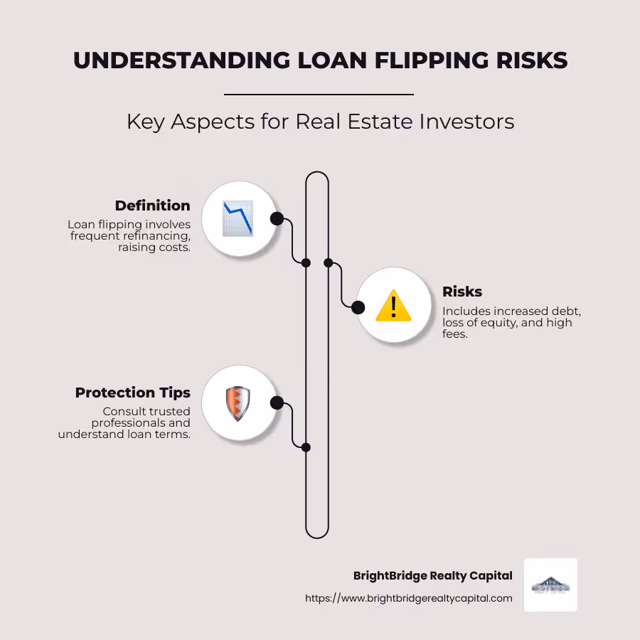 Detailed infographic explaining loan flipping risks and protection tips - loan flipping real estate infographic infographic-line-3-steps-neat_beige