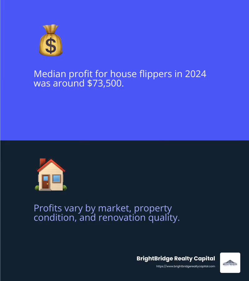 Median profit for house flippers in 2024 was around $73,500 - fix and flip strategies infographic 2_facts_emoji_blue