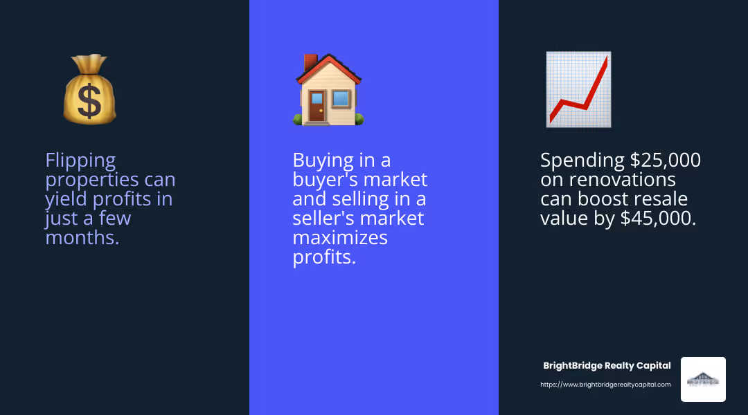 Quick returns and potential profit margins make fix and flip investing appealing to many investors. - fix and flip real estate investing infographic 3_facts_emoji_blue