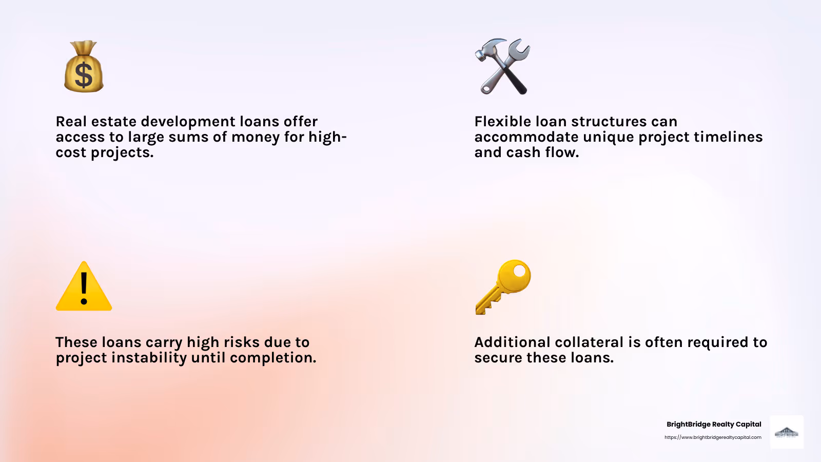 High risk and creative structures make real estate development loans a double-edged sword. - Real estate development loans infographic 4_facts_emoji_light-gradient