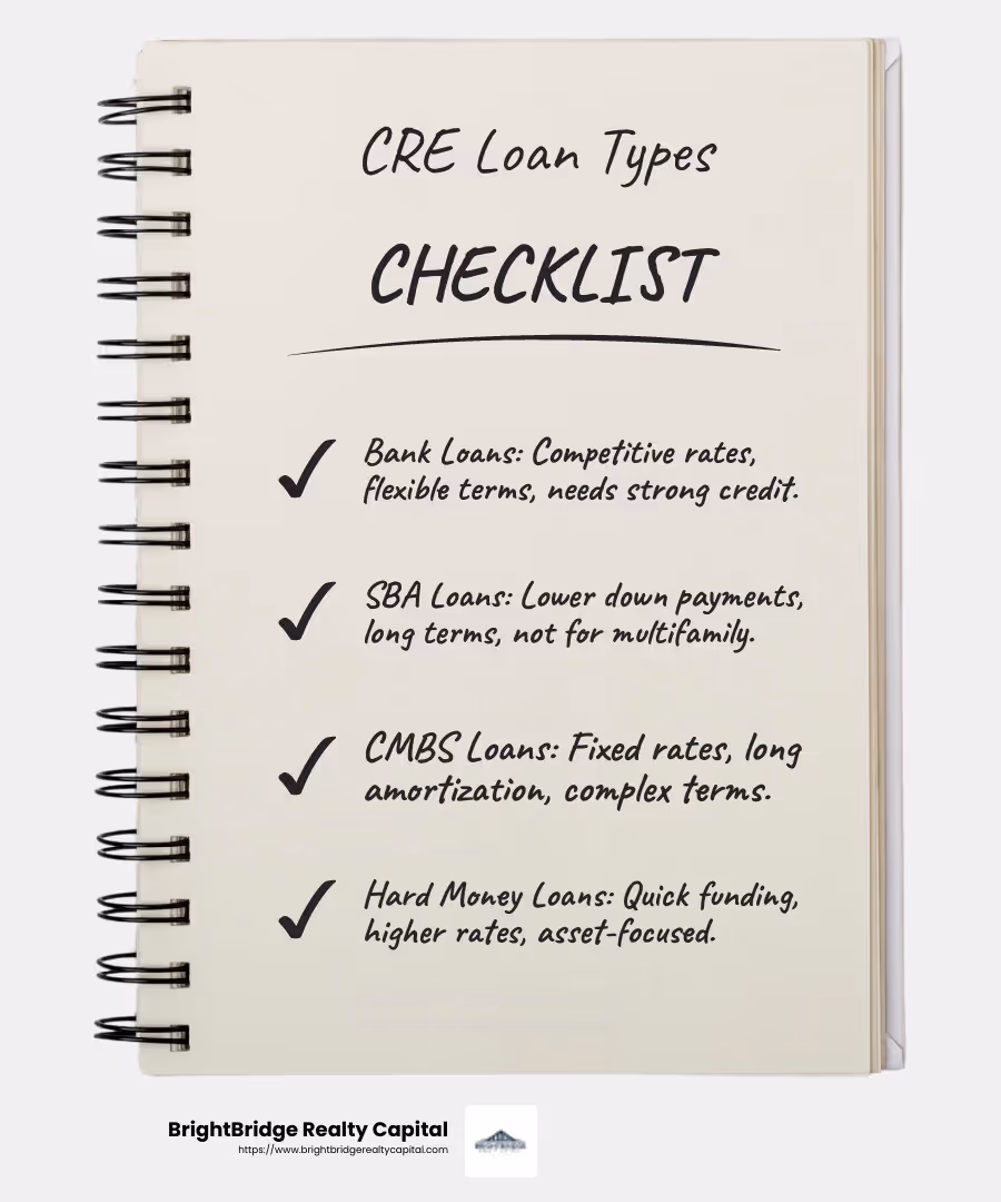 Understanding the variety of commercial real estate loans helps investors choose the best option for their needs. - commercial real estate funding infographic checklist-notebook