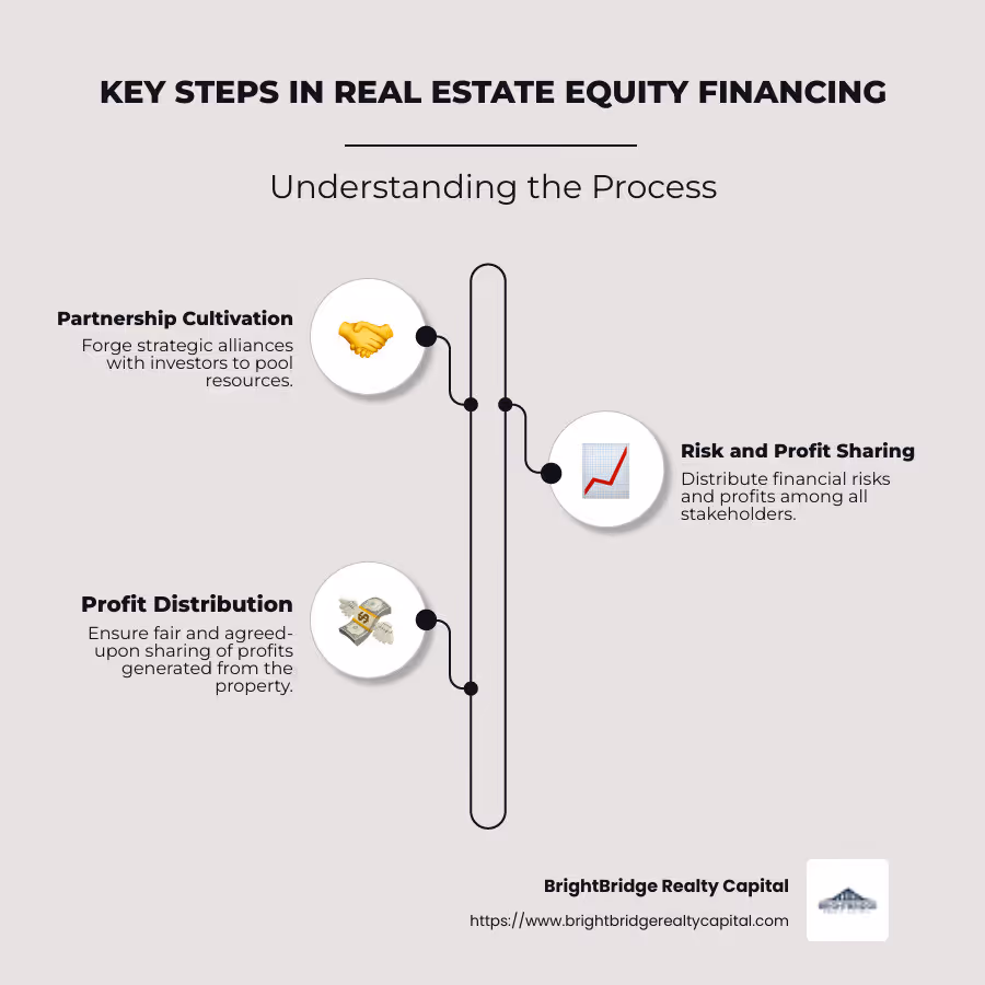 Infographic depicting the steps of real estate equity financing, including partnership cultivation, risk sharing, and profit distribution - Real estate equity financing infographic infographic-line-3-steps-neat_beige