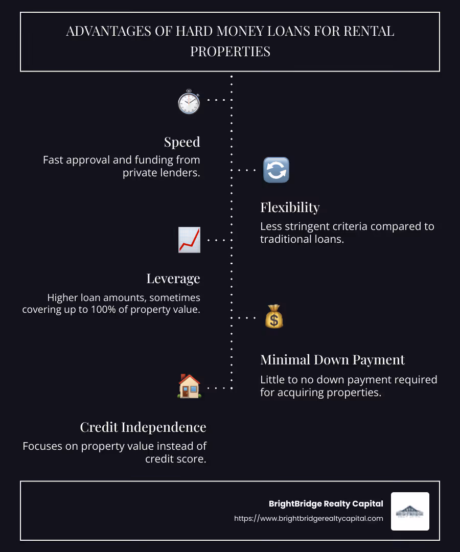 Advantages of hard money loans for rental properties: speed, flexibility, leverage, minimal down payment, favorable terms based on property value - buying rental property with hard money infographic infographic-line-5-steps-dark