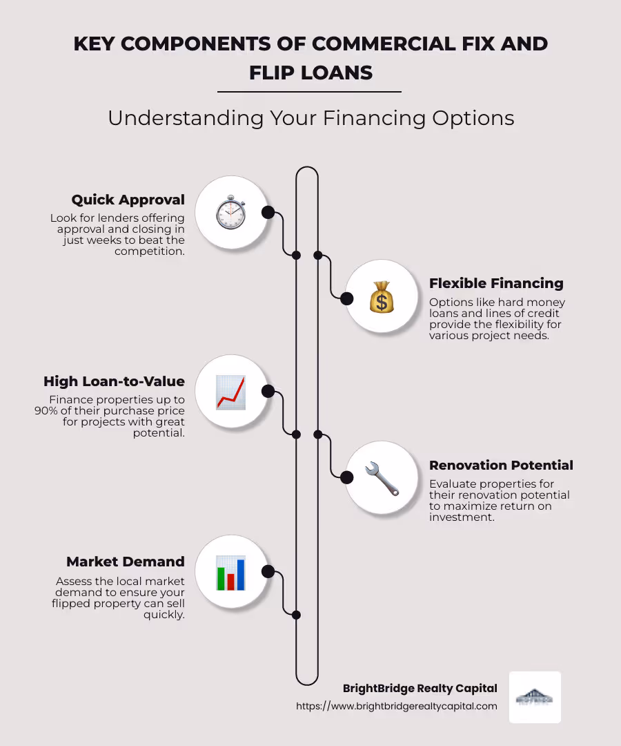 Infographic detailing key components of commercial fix and flip loans, including quick approval times, flexible financing options like hard money loans and lines of credit, and high loan-to-value ratios up to 90% - commercial fix and flip loans infographic infographic-line-5-steps-neat_beige