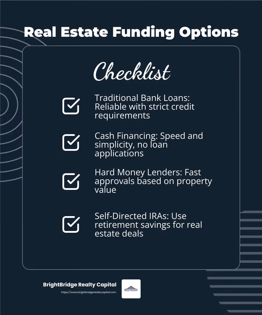 Real estate investor funding options - Real estate investor funding infographic checklist-dark-blue