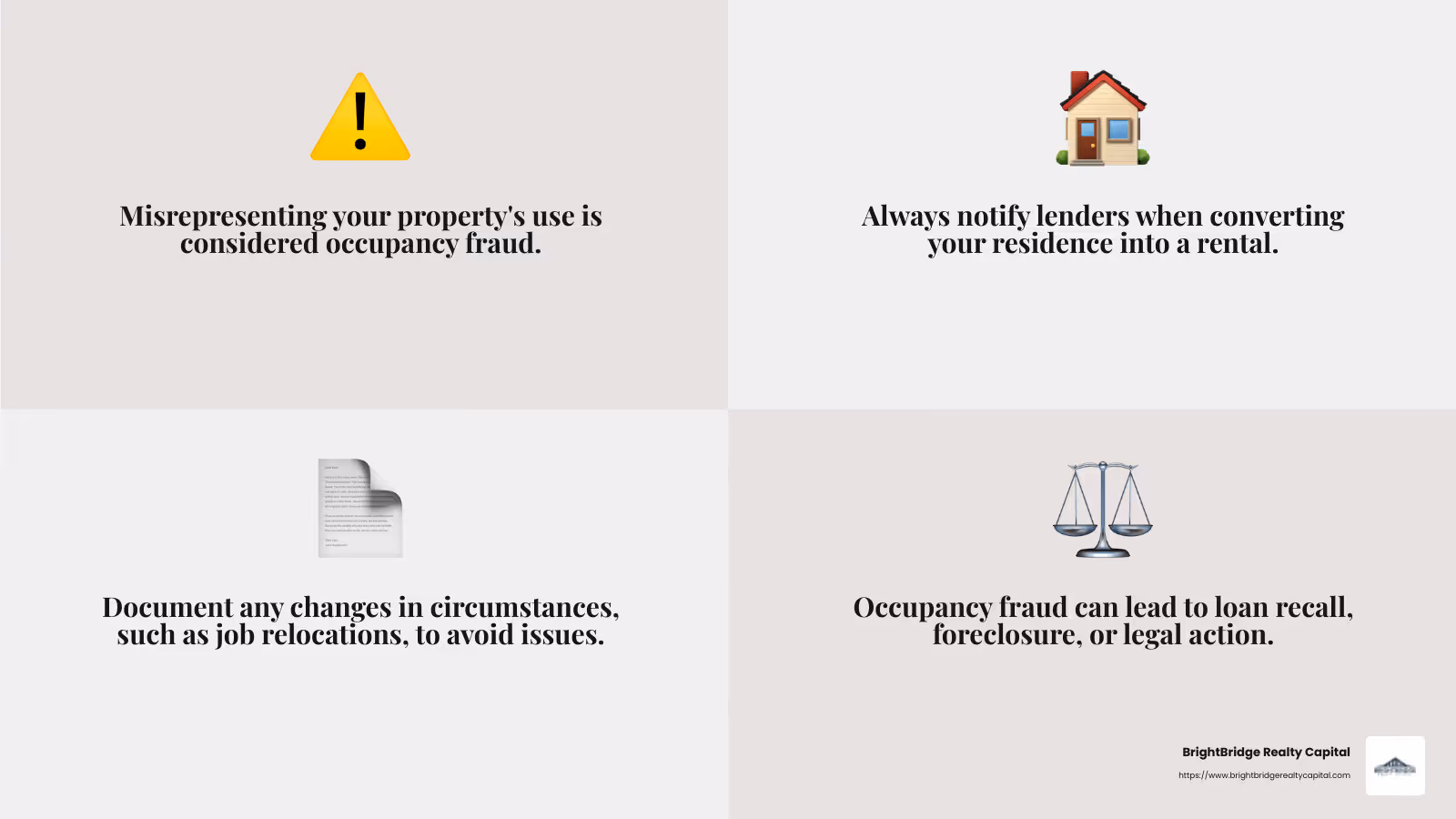 Occupancy Fraud Penalties: Misleading your lender can lead to loan recall, foreclosure, or even legal action. - mortgage primary residence to rental infographic 4_facts_emoji_grey
