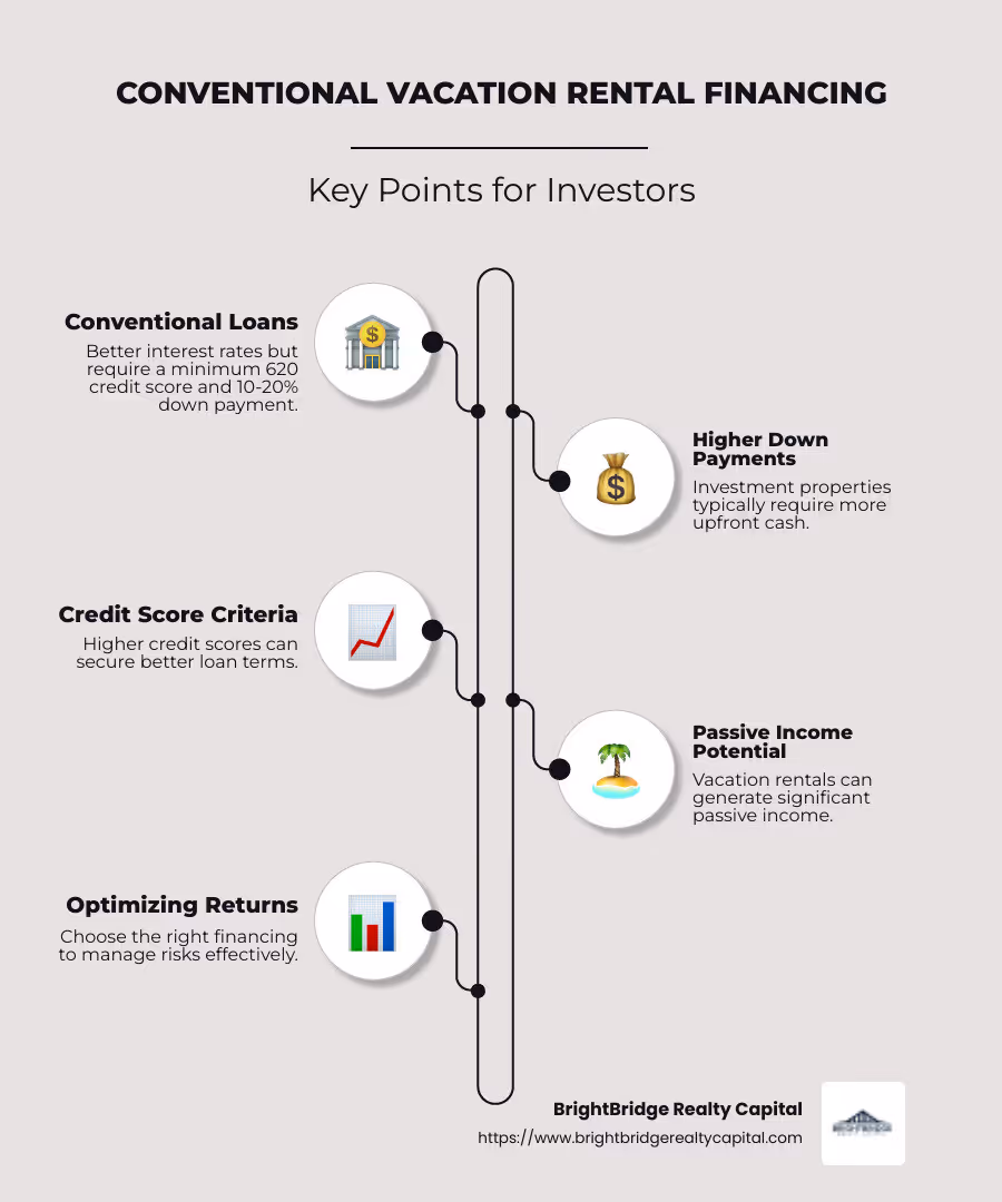 Infographic detailing the key points of conventional vacation rental financing, including interest rates, minimum credit scores, and down payment requirements - conventional vacation rental financing infographic infographic-line-5-steps-neat_beige