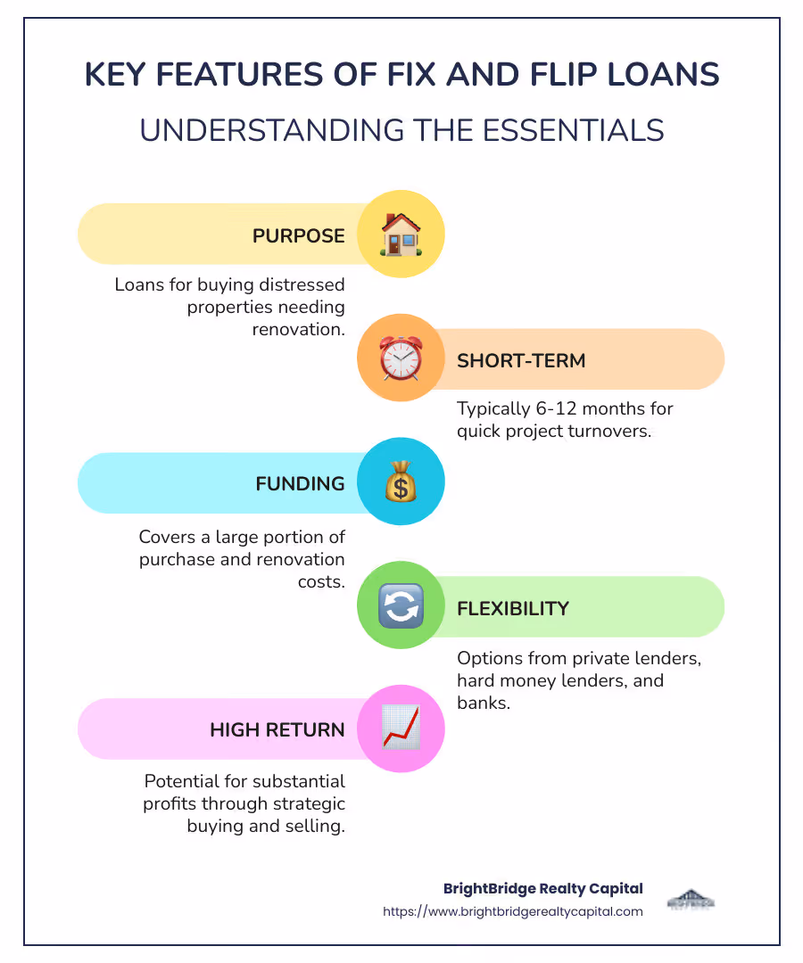 Infographic of Fix and Flip Loans Key Points: Purpose, Duration, Funding, Flexibility, Return - fix and flip loans infographic infographic-line-5-steps-colors
