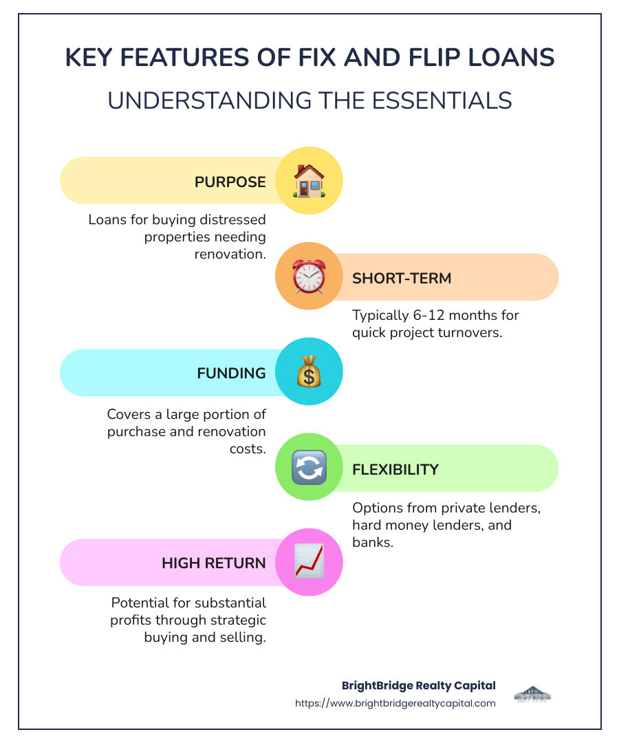 Infographic of Fix and Flip Loans Key Points: Purpose, Duration, Funding, Flexibility, Return - fix and flip loans infographic infographic-line-5-steps-colors