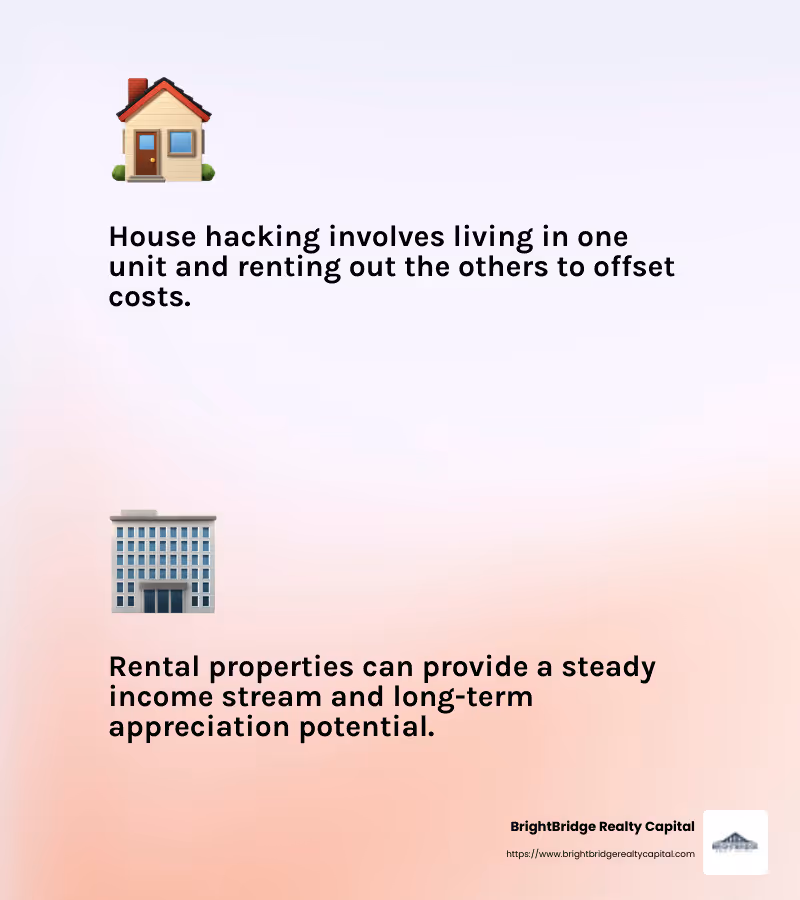 House hacking and rental properties are great for beginners looking to enter real estate investment funding. - real estate investment funding infographic 2_facts_emoji_light-gradient