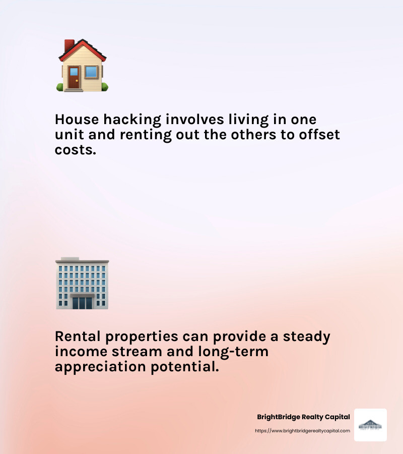 House hacking and rental properties are great for beginners looking to enter real estate investment funding. - real estate investment funding infographic 2_facts_emoji_light-gradient