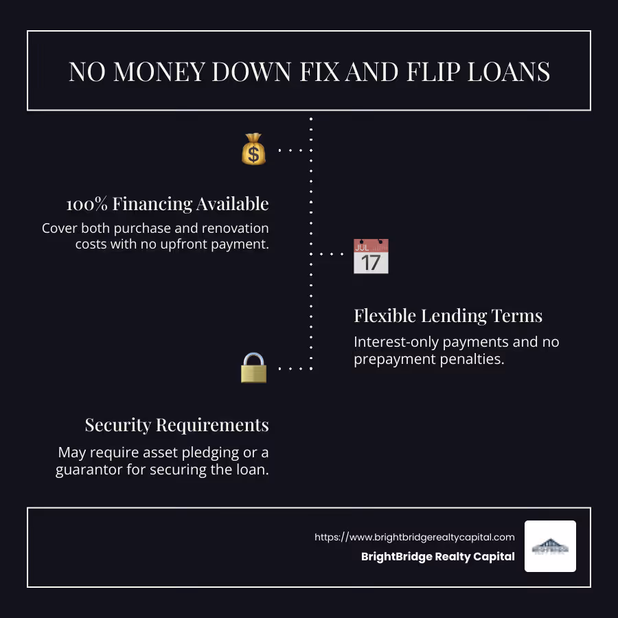 No money down fix and flip loans infographic: 1. 100% financing available; 2. Flexible terms like interest-only payments; 3. May require asset pledging or a guarantor. - no money down fix and flip loans infographic infographic-line-3-steps-dark