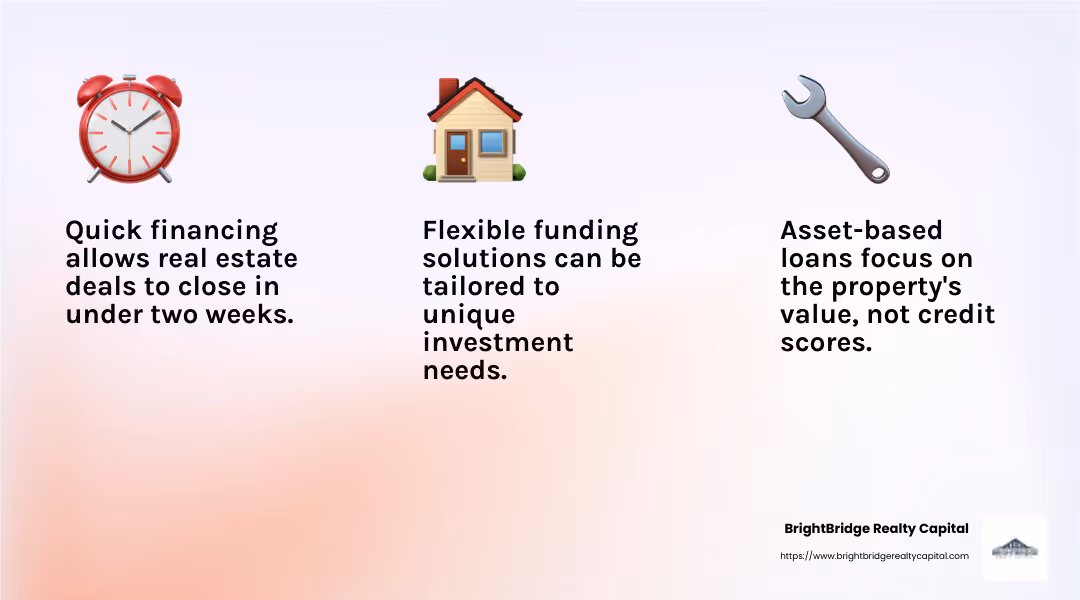 Flexible funding options empower investors to act swiftly and decisively, no matter the project size or scope. - Quick real estate financing infographic 3_facts_emoji_light-gradient