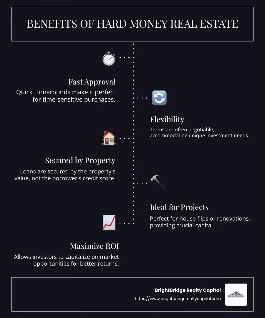 Infographic summarizing hard money real estate benefits: Fast approval, terms flexibility, secured by property value, ideal for real estate projects, not credit score dependent - hard money real estate infographic infographic-line-5-steps-dark