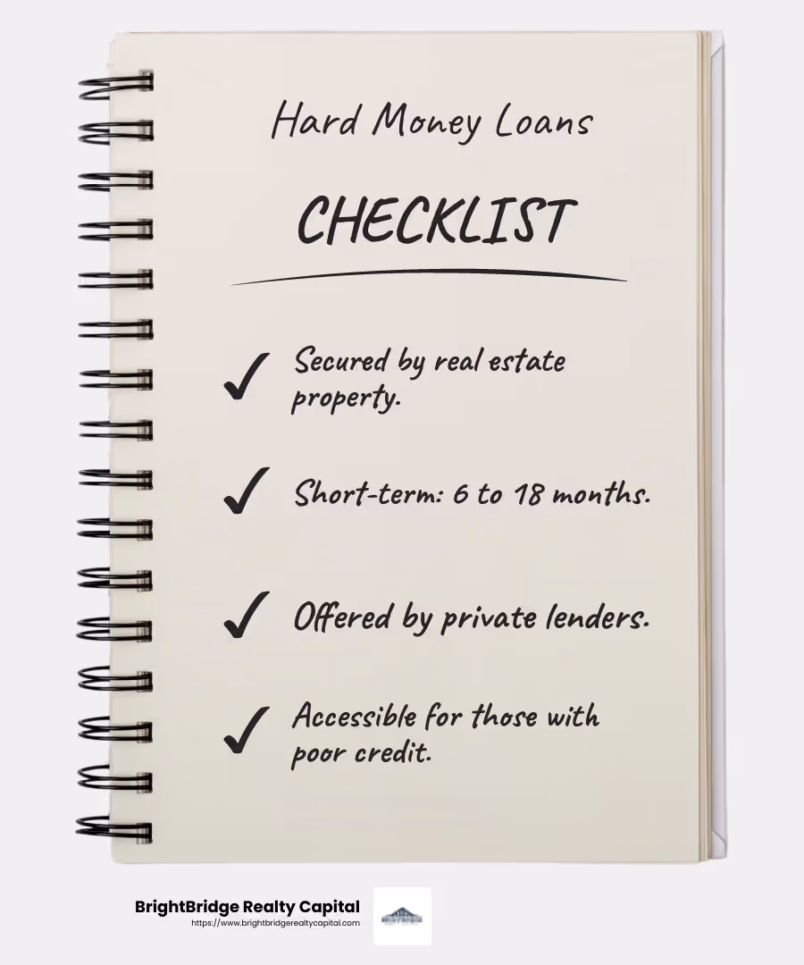 Hard money loans deliver cash quickly, but at a higher interest rate compared to other financing options. - hard money real estate infographic checklist-notebook