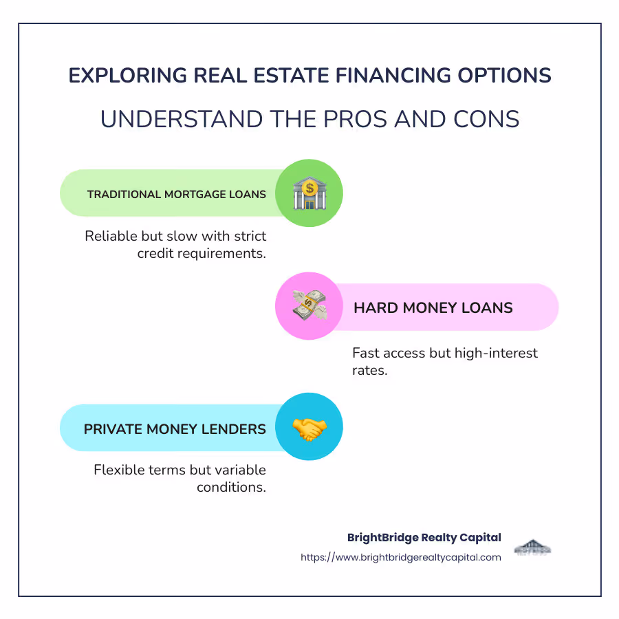infographic detailing various real estate financing options, including pros and cons of traditional mortgage loans, hard money loans, private money lenders, and mezzanine financing - Real estate financing options infographic infographic-line-3-steps-colors