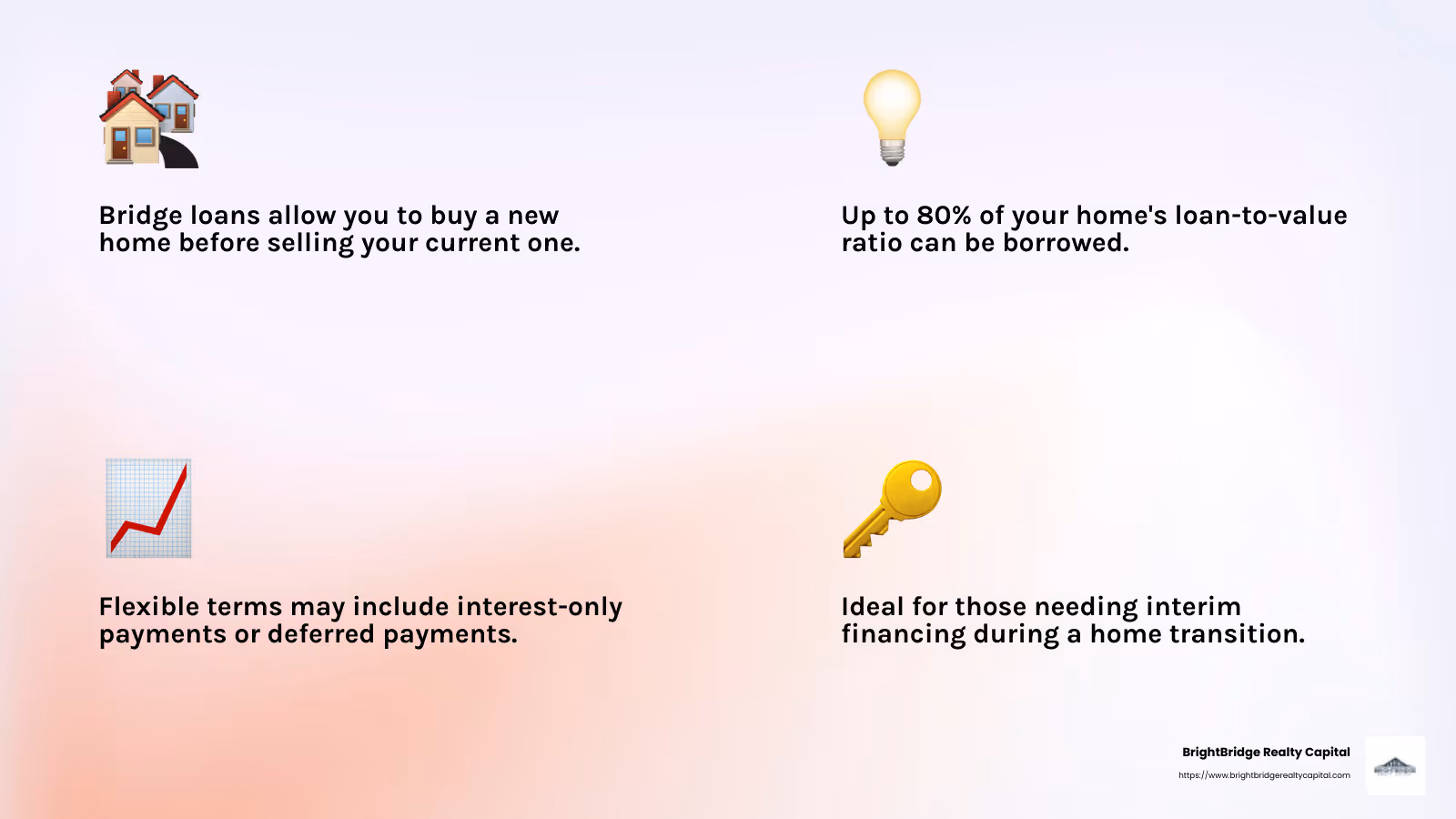 Bridge loans allow you to purchase a new home before selling your current one, providing critical interim financing. - real estate bridge loans infographic 4_facts_emoji_light-gradient
