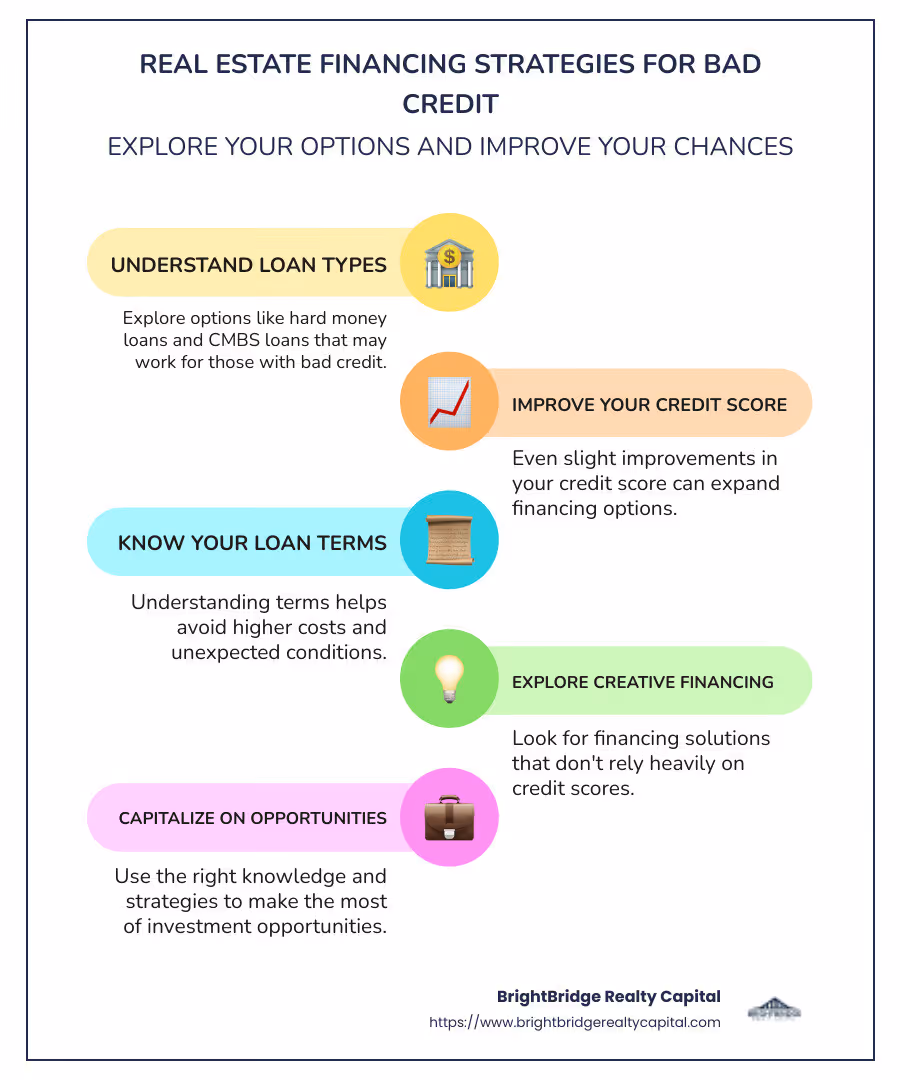 Infographic summarizing loan options, credit improvement, and financing strategies for real estate investors with bad credit - Real estate financing bad credit infographic infographic-line-5-steps-colors