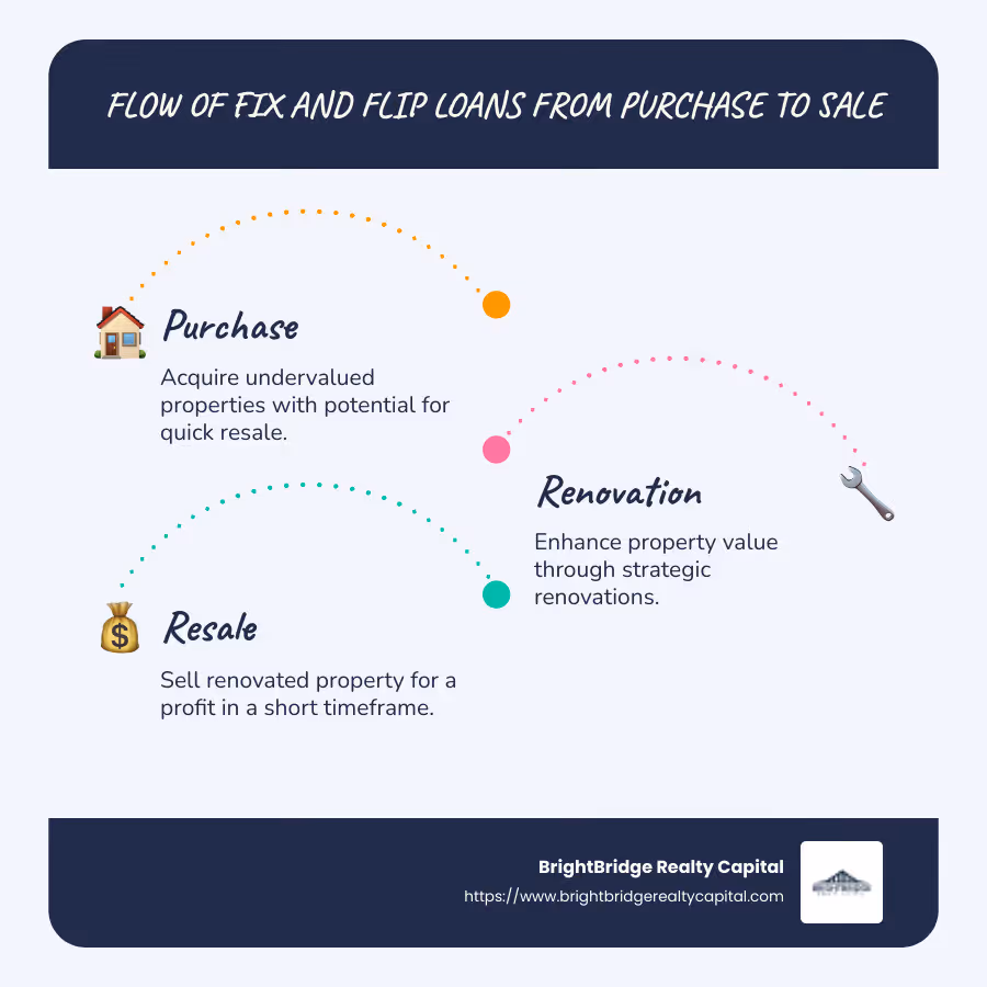 Flow of Fix and Flip Loans from Purchase to Sale - real estate fix and flip loans infographic infographic-line-3-steps-blues-accent_colors