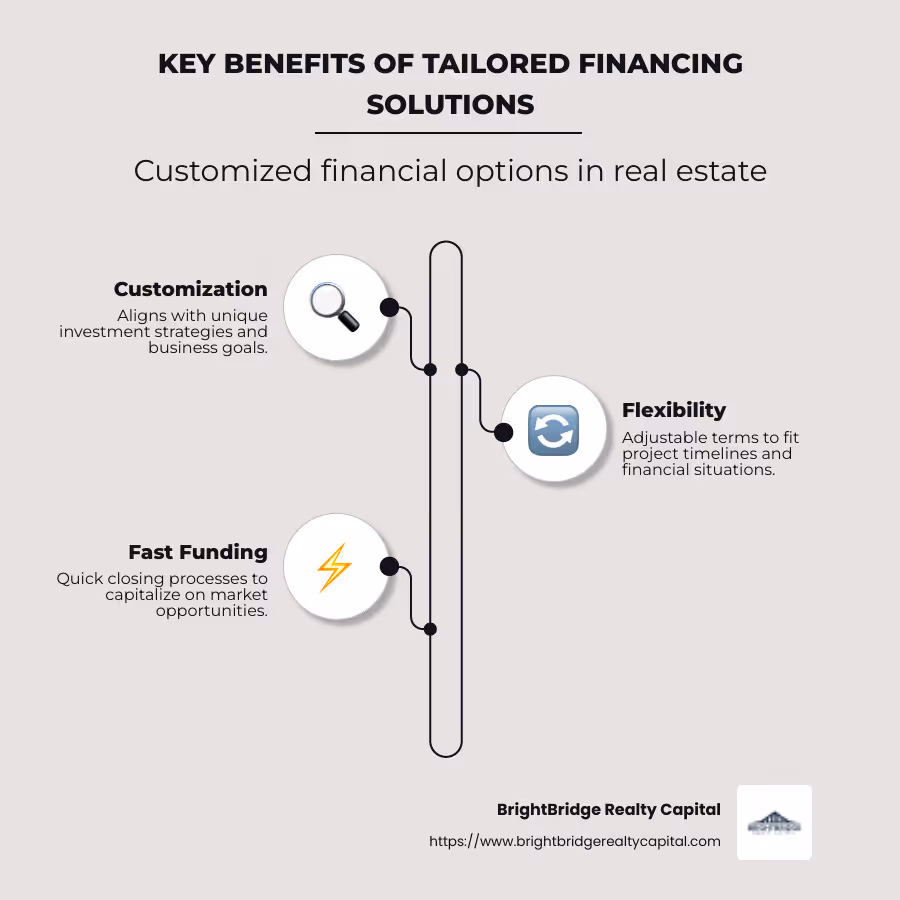Infographic detailing key benefits of custom financing solutions such as customization, flexibility, and fast funding with specific real estate examples. - custom financing solutions infographic infographic-line-3-steps-neat_beige