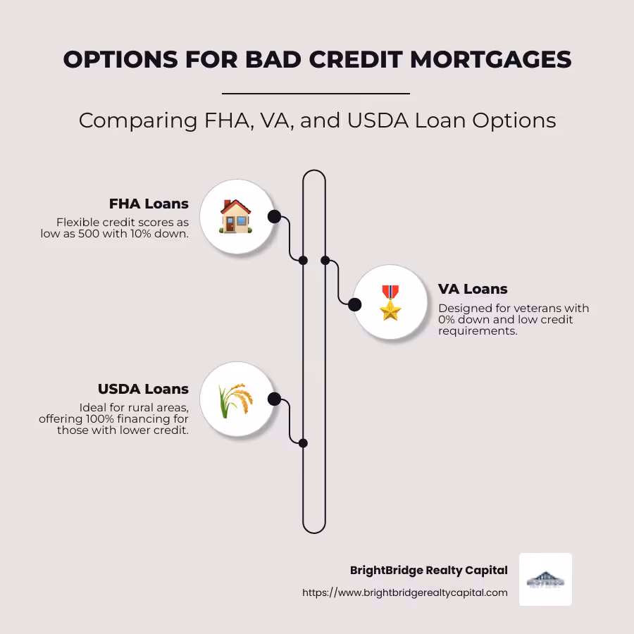 infographic detailing FHA, VA, and USDA loan options for bad credit with quick comparison of credit score requirements and down payment options - bad credit mortgage lender infographic infographic-line-3-steps-neat_beige