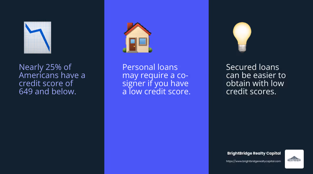Nearly 25% of Americans have a credit score of 649 and below, according to FICO. - Low credit score rental loan infographic 3_facts_emoji_blue