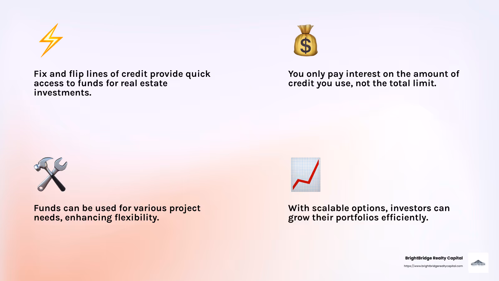 Quick funding and flexible terms make fix and flip lines of credit a preferred choice for investors. - fix and flip line of credit lenders infographic 4_facts_emoji_light-gradient