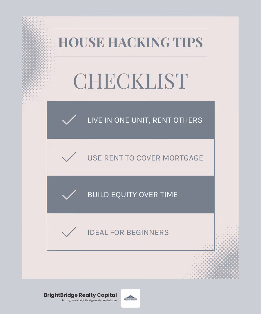 House hacking allows you to live for free or reduce your living costs significantly. - property investment strategies infographic checklist-light-blue-grey