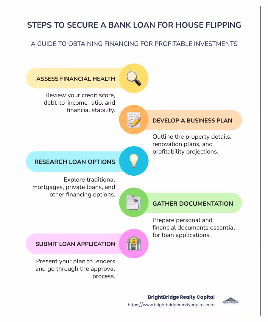 Steps in securing a bank loan for house flipping - bank loan for flipping houses infographic infographic-line-5-steps-colors